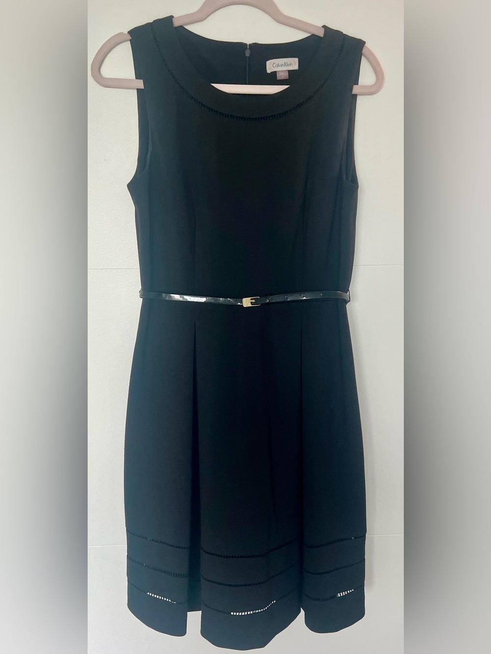Calvin Klein Black Fit Flare Dress Size 8 Belted Rayon Blend LBD